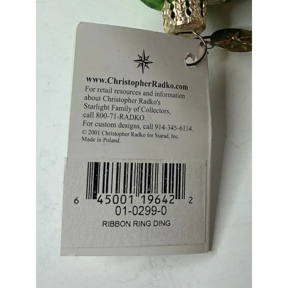 Christopher Radko Ribbon Ring Ding Glass Ornament 2001 Poland NWT Tag & Box